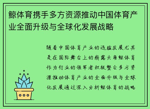鲸体育携手多方资源推动中国体育产业全面升级与全球化发展战略