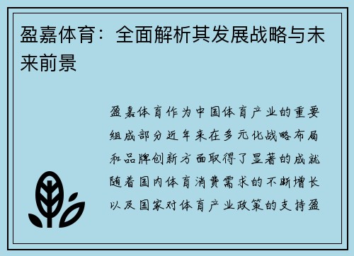 盈嘉体育：全面解析其发展战略与未来前景